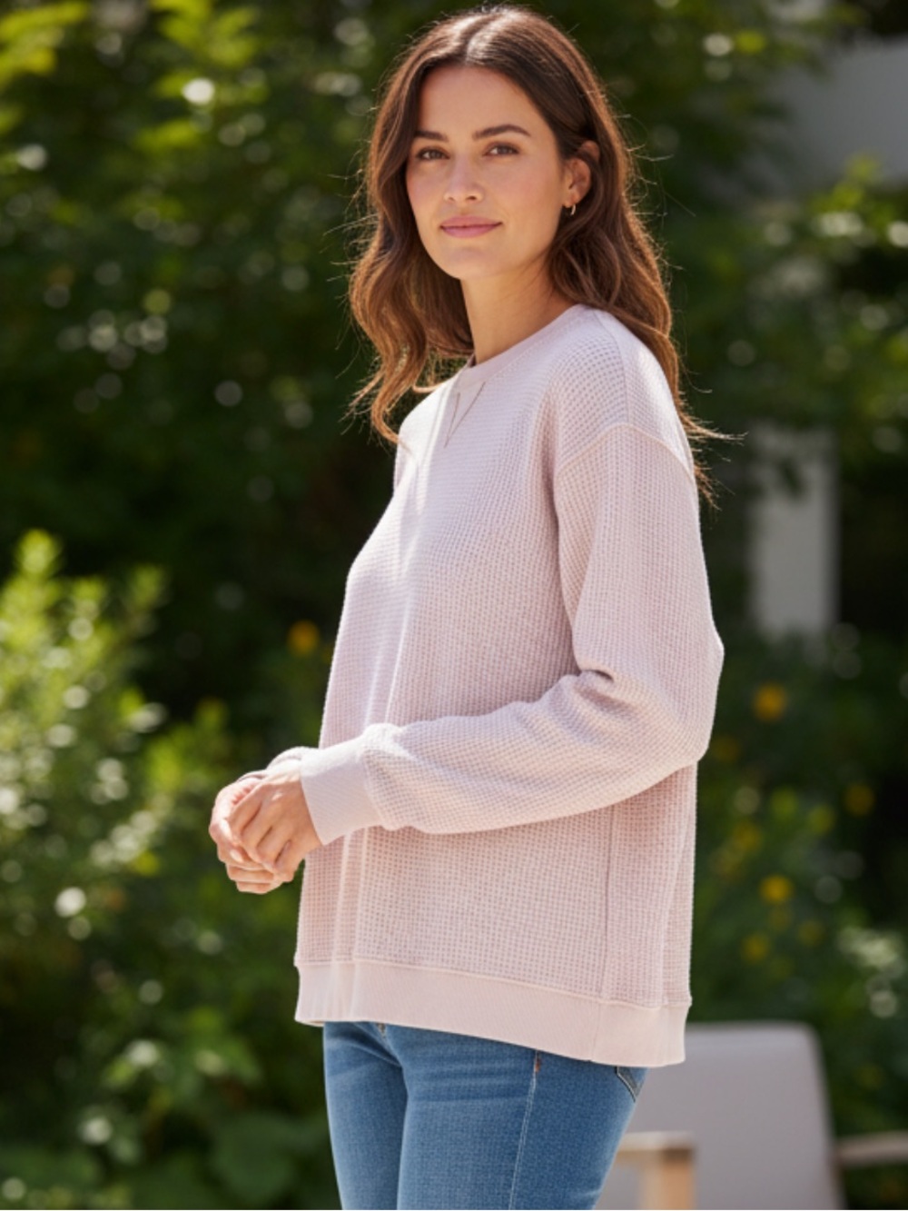 Aerie Light Pink Waffle Crewneck Oversized Sweater Size Large - Picture 2 of 10
